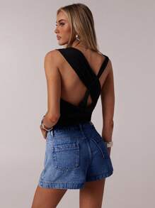 SHEIN Forever 21 Váy mini denim rách phong cách đường phố cổ điển cho nữ, mùa xuân - Rửa tối - Xem 4