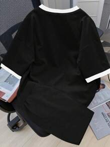 Claim Dot 2 件男士字母图案圆领短袖休闲 T 恤和抽绳腰短裤套装，舒适服装 - 彩色 - 查看 2