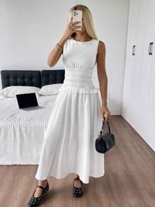 SHEIN EZwear Váy suông không tay bó eo cho kỳ nghỉ hè giản dị - trắng - Xem 6