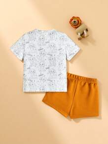 SHEIN 2pcs/set Baby Boys' Casual Fun Lion Pattern Printed Long Sleeve Top And Shorts For Streetwear, Spring/summer