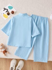 2pcs/Set Young Boy Spring/Summer Turndown Collar Button Shirt Top And Pants, Casual Outfits, Mommy And Me Matching Sets (Sold Separately As 3 Sets) - Blue - View 2