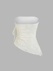 Sweetra Y2K 性感露肩蕾丝蝴蝶结不对称下摆短款上衣 - 杏色 - 查看 2