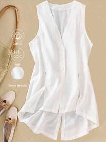 SHEIN LUNE 女式夏季V领无袖前扣休闲衬衫