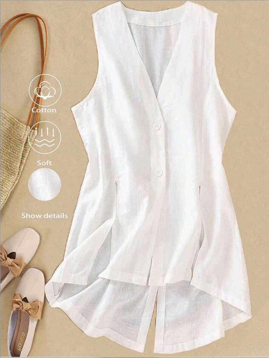 SHEIN LUNE 女式夏季V领无袖前扣休闲衬衫