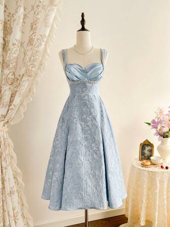 Vintamour 复古优雅女士提花纹理珍珠装饰女士派对礼服 女士夏季礼服 女士夏季服装 毕业礼服 度假服装 女士婚礼宾客礼服 女士太阳裙 女士毕业礼服 女士生日礼服 女士礼服 优雅女士夏季服装 女士太阳裙 蓝色礼服 度假服装 女士生日服装 女士夏季婚礼礼服