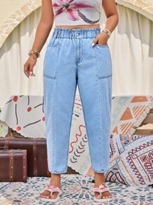 EMERY ROSE Plus Size Women's Pocketed Tapered Fashion Washed Cropped Pants - Light Wash - View 4