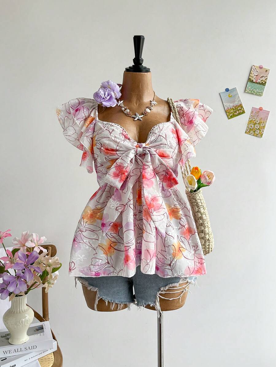 Soleia Plus Size Women's Sweetheart Neck Bowknot Front Ruffle Trim Embroidery Blouse, Elastic Waist Vacation Wear