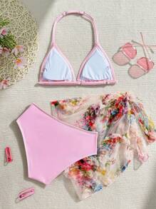 Conjunto de bikini con estampado floral y Bottom blanca contrastante para niñas preadolescentes, que acentúa la silueta de verano y irradia un ambiente seductor