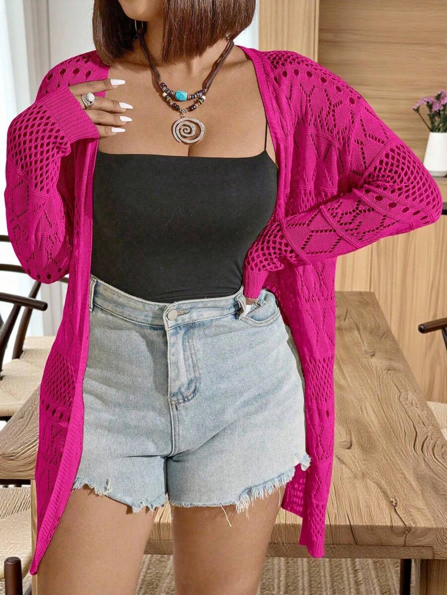 SHEIN LUNE Plus Size Women Solid Color Knitted V-Neck Hollow Long Sleeve Mid-Length Casual Loose Cardigan, Lightweight Outerwear For Spring/Summer Fall Winter For Women, Pink