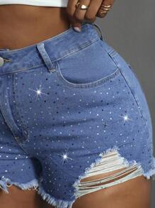 Slaydiva Plusstorlek damshorts med slitna fickor och strass, revor i nederkant, casual - Mediumtvätt - Visa 5