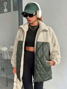 EURMUSE Women Padded Coat With Teddy Bear Fabric Patchwork, Diamond Shape Stitch Line - Army Green - View 1