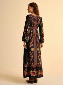 CAJUNI 女式波西米亚复古热带花卉印花泡泡长袖 V 领超长连衣裙，黑色 - 彩色 - 查看 2