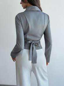 Aloruh 1pc Elegant Commuter Bowknot Cinched Waist V-Neck Minimalist Gray Long Sleeve Blazer, Versatile In Fall/Winter