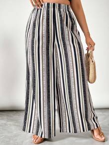 SHEIN VCAY Talla grande Pantalones de pierna ancha con estampado geométrico de rayas - Multicolor - Ver 5