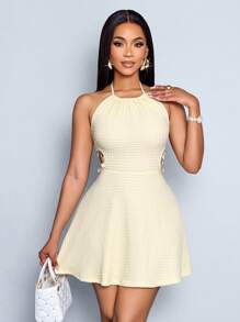 SOLERSUN Vestido corto de punto para playa, con cuello halter, espalda descubierta, cintura con flecos, uso diario, para vacaciones y estilo de Hawái, en unicolor, para uso en primavera y verano