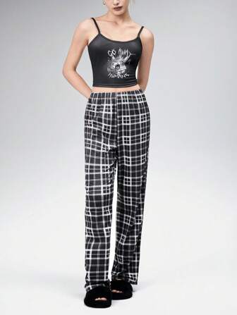 Goth Completo pigiama composto da canottiera con grafica gatto in stile gotico/punk e pantaloni a stampa scozzese