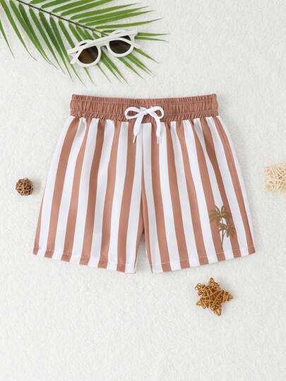 Young Boy Striped Beach Tree Pattern Drawstring Swim Trunks Summer Shorts For Kids