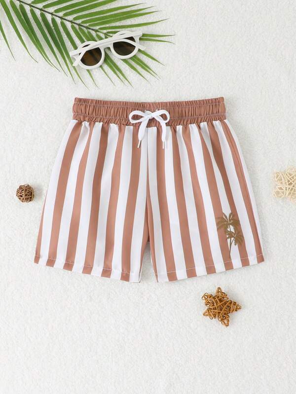 Young Boy Striped Beach Tree Pattern Drawstring Swim Trunks Summer Shorts For Kids