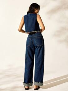 Easelle 女士夏季休闲磨边纽扣装饰背心和直筒牛仔裤套装，蓝色 - 藍色 - 查看 3