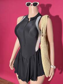 Slaydiva 2025 Spring/Summer New Bohemian Musical Festival Country Western Beach Vacation Innovative Y2K Sexy Bombshell Athletic Knit Flowy Sleeveless Stand Collar Button Front Colorblock Side Seam Princess Seam Inverted Pleat Ruffle Asymmetric Hem Swimsuit Dress