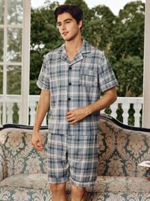 SHEIN EverLounge 1 Set de pijama de camisa de manga corta con cuello de solapa y pantalones cortos con estampado de cuadros para hombres