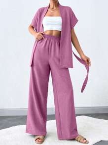 SHEIN Tall Women Solid Batwing Sleeve Belted Top & Wide Leg Pants Set - Dusty Pink - View 4