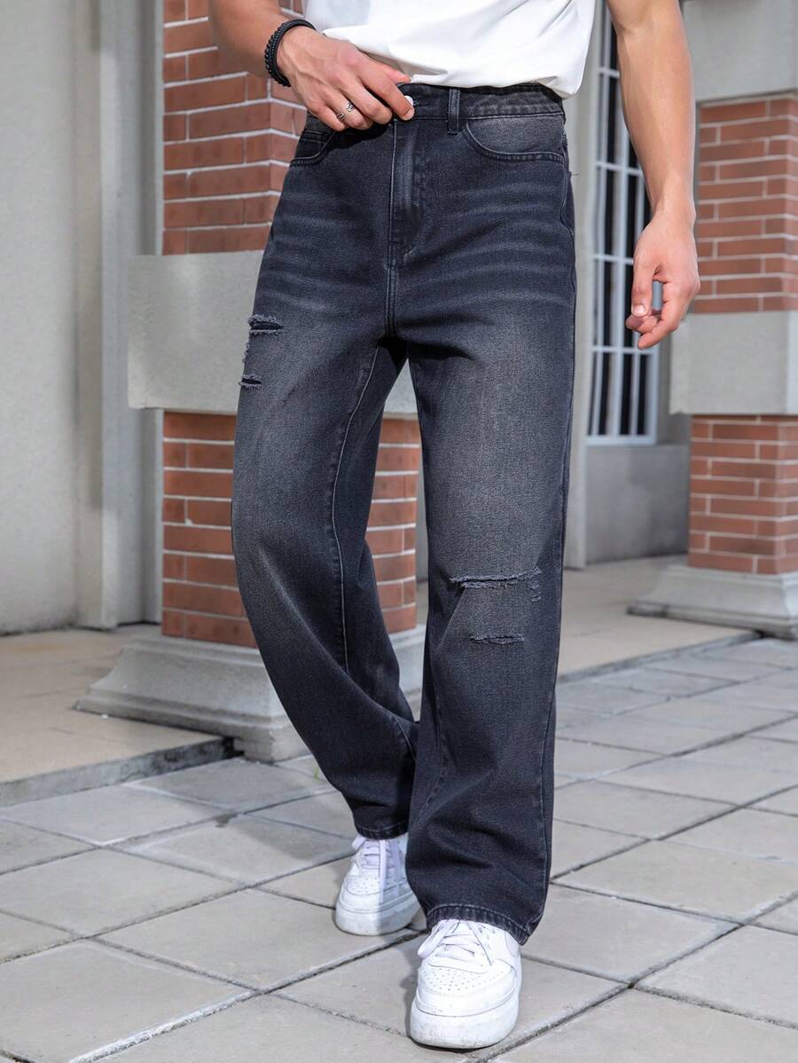Manfinity Homme Quần Jeans ống đứng cài nút thường ngày cỡ lớn cho nam, mặc hàng ngày - màu đen - Xem 1
