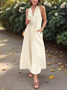 INAWLY Robe midi ample sans manches à col en V avec poches, style minimaliste - Nude - Voir 8