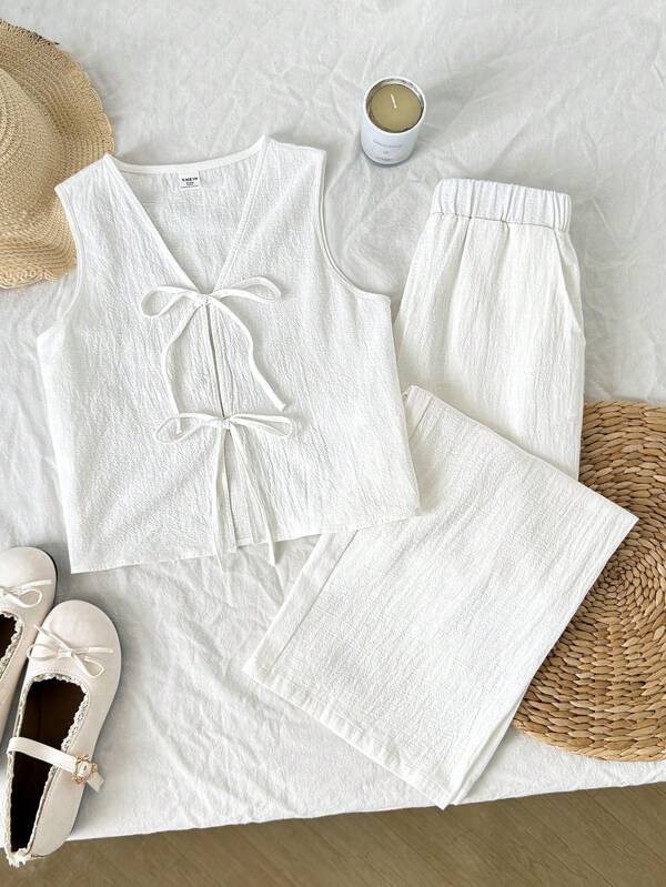 SHEIN Tween Girls Basic Solid White Tie Bow Cardigan & Wide Leg Pants 2pcs Set, Casual