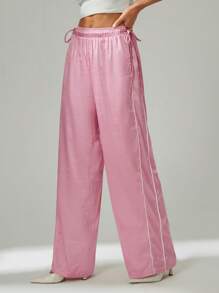 SHEIN Tall Women Solid Pink Color Casual Fashionable Summer Simple Satin Stylish Pants, For Daily Wear