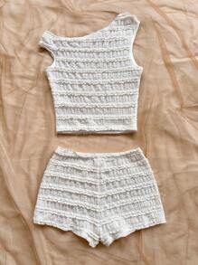 Soleia 2 件女式红白条纹针织不对称领口短款上衣和超低腰紧身短裤套装，适合度假、派对、圣诞节、情人节、约会、海滩、游轮、狂欢节、复活节