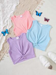 3pcs Young Girl' Knitted Ribbed Cami Tank Tops, Sleeveless Round Neck Patchwork Design, Light Blue, Light Purple, Pink, Suitable For Summer Daily Wear, Travel, Vacation, Party