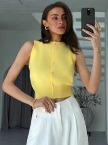 Aloruh 年轻女士休闲无袖针织上衣，黄色，适合春夏季度假 - 黃色 - 查看 1