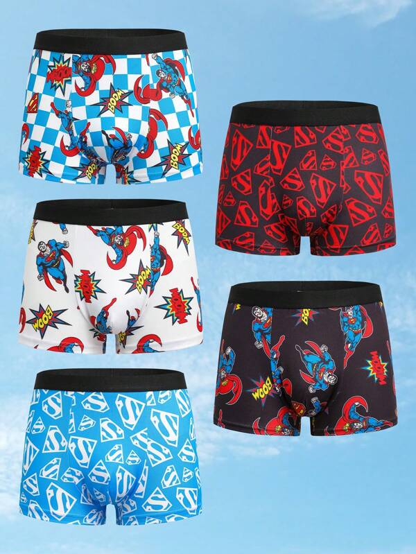 SUPERMAN X SHEIN 5pcs/Pack Tween Boy Superhero Print Contrast Waistband Comfortable Boxer Briefs,Basic Comfortable Casual ,Soft