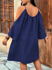 SHEIN Holidaya Große Größen Rundhalsausschnitt Geraffte Falten Split Flare 7/8 Ärmel Einfaches Casual A-Linien-Kleid Damen Kurze Kleider Sommer Damen Plus Sonnenkleid Damen Sommerkleidung Damen S Sommerkleidung Arbeitssommerkleider