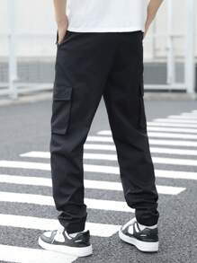 PantsHub Casual Teen Boys' Black Elastic Cuff Cargo Pants, Streetwear Punk Rock Athletic Trousers For Everyday, Party, Music Festival, Suitable For Spring/Summer - Black - View 3