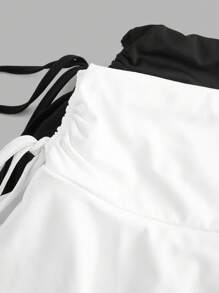 SHEIN EZwear 2 件套大码休闲迷你裙，春夏，俱乐部，机场，教师，度假，海滩女士短裙荷叶边裙迷你裙分层荷叶边裙 - 黑與白 - 查看 6