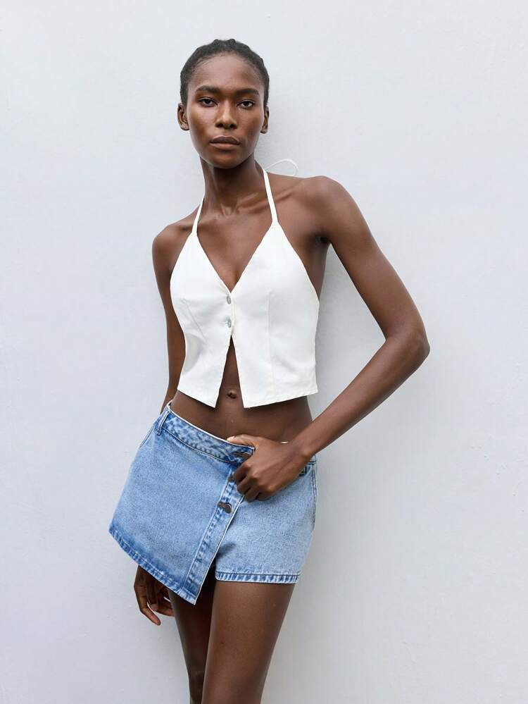 SHEIN Maija Women's Sexy Backless Top Halter Neck Tie White Denim Top Comfortable Light Denim Summer Vacation Wear, Night Out,Autumn Clothes For Women