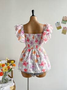 Soleia Plus Size Women's Sweetheart Neck Bowknot Front Ruffle Trim Embroidery Blouse, Elastic Waist Vacation Wear