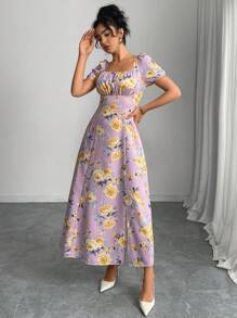 Modelyn Women Floral Print Raglan Sleeve Elegant Vacation Dress - Purple - View 5