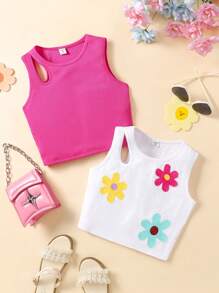 Sparklyn 2 件套女孩优雅度假活力 3D 毛巾刺绣镂空修身短款背心，白色和酒红色 - 玫紅色 - 查看 1