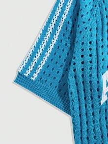 ROMWE MEN Street Life 男士刺绣图案宽松针织衬衫，针织短袖上衣 - 藍色 - 查看 7