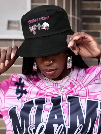 Grunge Punk 1pc Fashion Skull Wing Leopard Print English Letter Pattern Women's Bucket Hat UV Protection