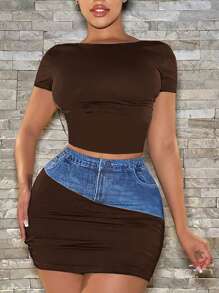 SHEIN SXY Bộ đồ hai mảnh áo denim in họa tiết chắp vá cỡ lớn dành cho nữ và chân váy midi, phù hợp để mặc hàng ngày, lễ hội âm nhạc, hòa nhạc, tiệc hóa trang, kỳ nghỉ ở bãi biển, đêm hẹn hò, sinh nhật, trang phục tiệc độc thân, câu lạc bộ, dễ thương, thường ngày, mua sắm, thời trang đường phố, đi chơi, dễ phối đồ và trông thon gọn, tôn lên vóc dáng, tôn dáng - Cà phê nâu - Xem 7
