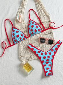 Swim Mod Sweet Strawberry Print Spaghetti Strap High Cut Triangular Cups & Bottoms 2 Pieces Bikini Set, Suitable For Beach Vacation For Summer - Multicolor - View 3