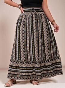 SHEIN VCAY Plus Size Women Bohemian Style Geometric Printed Skirt