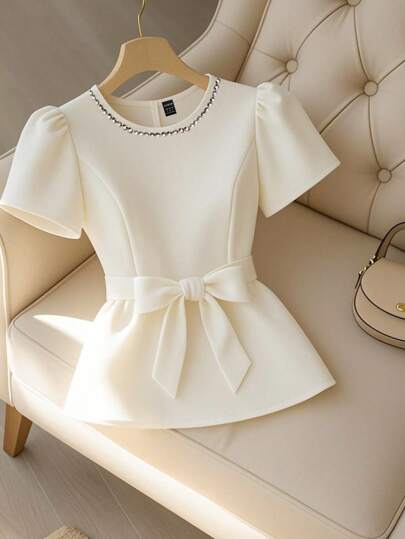 Franclia Women's Elegant Beaded Design Round Neck Cinched Waist Short Sleeve Blouse, Summer