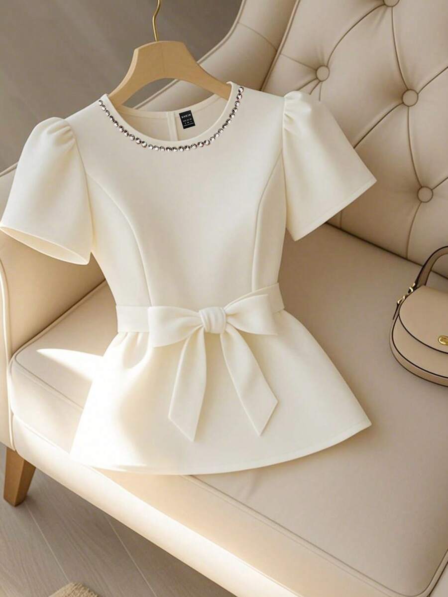 Franclia Women's Elegant Beaded Design Round Neck Cinched Waist Short Sleeve Blouse, Summer - Apricot - View 1