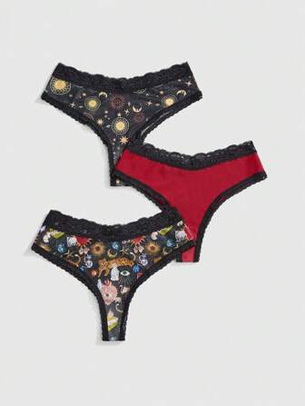 Hippie 3pcs/Pack Hippie Sun & Moon Contrast Print Women's Thong Panty Set