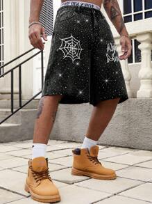 ROMWE MEN Street Life Men's Spider Rhinestone Graphic Pocket Wide Leg Loose Casual Denim Shorts